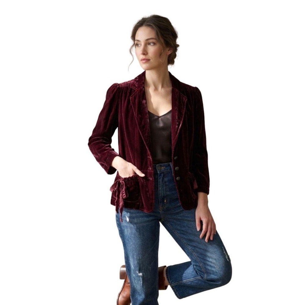 Vintage Ralph Lauren Silk Blend Velvet Blazer Burgundy Whimsygoth Coquette Large